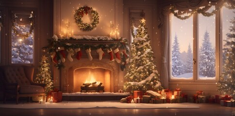 Obraz premium festively decorated room with a lighted fireplace, a large decorated Christmas tree, christmas, fireplace, christmas tree, christmas decorations, cozy interior, christmas stockings, gifts, candles