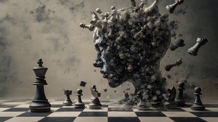 A human mind represented as a chessboard, but all the pieces are moving at the same time, causing chaos.