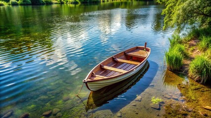 Obraz premium High angle view of a small rowing boat near the shore of a pond