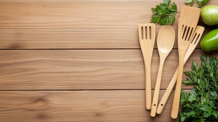 Wooden Kitchen Utensils on Rustic Wooden Surface
