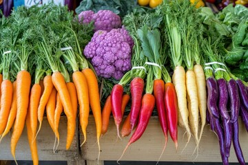 A vibrant farmer market stall filled with organic heirloom vegetables such as rainbow carrots, purple cauliflower, and multicolored beans, emphasizing their diversity and natural cultivation