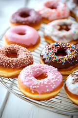 Assorted colorful donuts, tasty sweet food