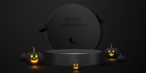 Black color 3D Happy Halloween realistic cylinder podium design template. Happy Halloween promotion luxury product banner design with bats and pumpkins. Black color Halloween podium design.