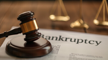 A gavel rests on a bankruptcy document, symbolizing legal proceedings and financial challenges in a courtroom setting.