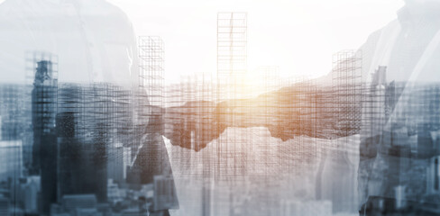 Engineering worker industry double exposure city teamwork concept, handshake uniting working as a team builder, contractor technician, architect co workers using blueprint plan, background blue banner