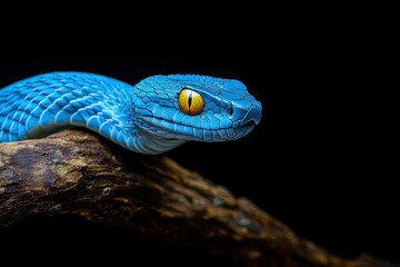 Fototapeta premium Blue viper snake on branch with black background, viper snake ready to attack, blue insularis snake, generative ai
