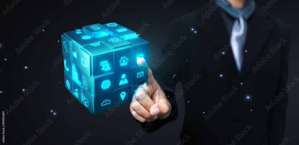 Poster business tech cube futuristic technology concept, modern 3d render cube model, businessman finger po