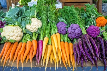 A vibrant farmer market stall filled with organic heirloom vegetables such as rainbow carrots, purple cauliflower, and multicolored beans, emphasizing their diversity and natural cultivation