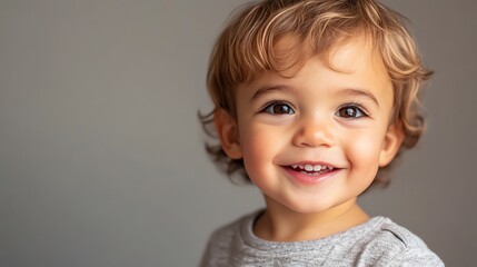 Fototapeta premium A baby boy with blond hair laughs as he looks up.