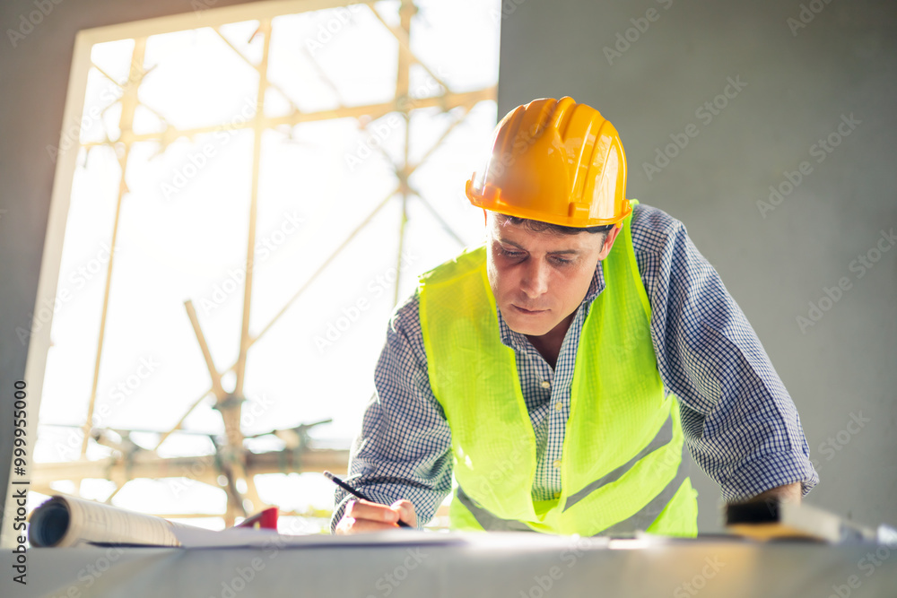 Poster caucasian male architect engineer construction worker working on blueprint design plan using pencil 