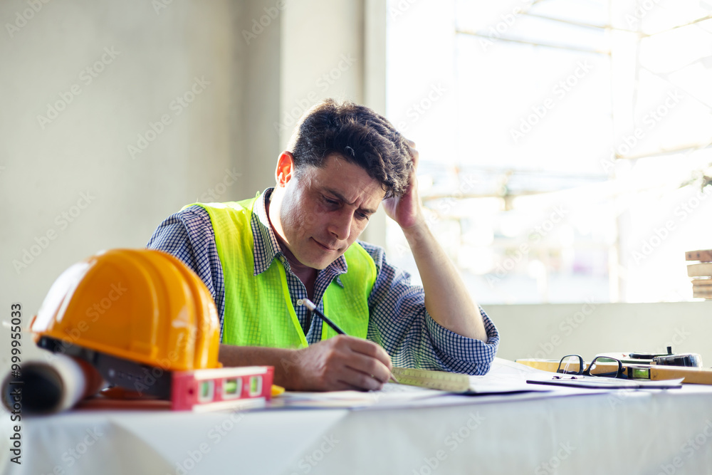 Poster caucasian man architect engineer construction tired and exhausted working on blueprint design plan u