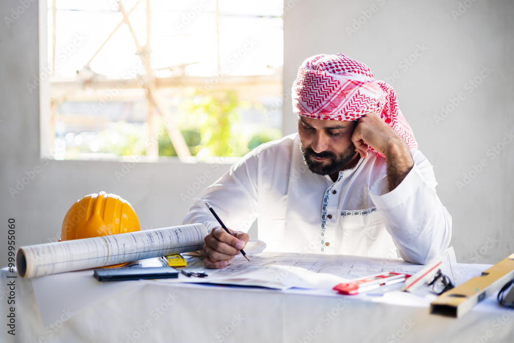 Poster arabian man architect engineer construction worker using pencil drawing tool working on blueprint de