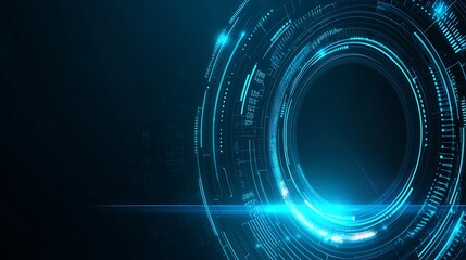 Abstract futuristic digital background with glowing blue circular design on a dark background.