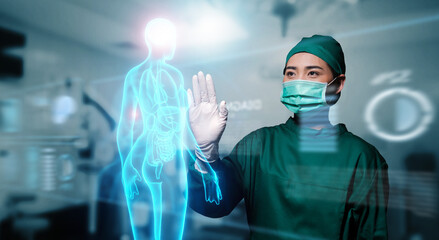 Asian female doctor specialist surgeon using computer human body anatomy display screen technology artificial intelligence assistance AI, operation simulation augmented reality medical healthcare tech