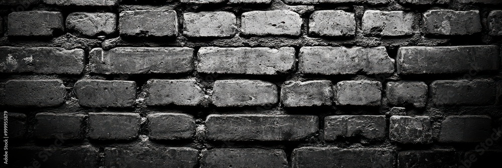 Poster a close-up of a weathered brick wall in monochrome, emphasizing the rough texture and irregular shap
