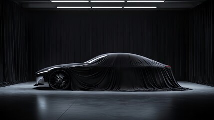 A sleek, black sports car is covered with a black sheet in a studio setting.