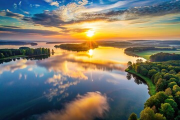 Fototapeta premium High angle view of beautiful sunrise over lake