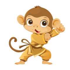 Fototapeta premium A cute cartoon monkey in a yellow karate gi, striking a fighting pose.