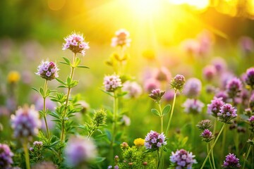 Fototapeta premium High angle view of blooming aromatic herbs in bright meadow