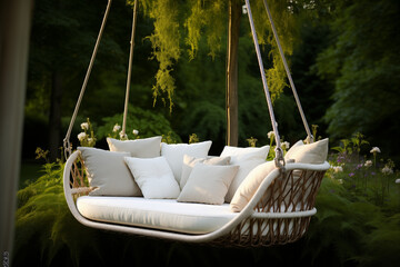 A luxurious, modern swing sofa with soft, plush cushions, suspended by sleek metal chains. lush garden , colorful flowers, greenery,  warm sunlight casting shadows,swing has a wooden canopy for shade.