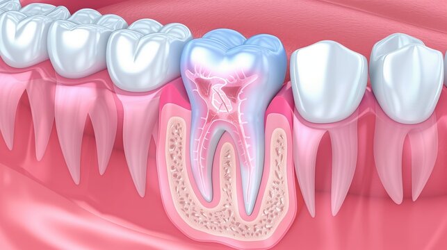 Close-up of a healthy tooth structure showcasing enamel, dentin, and pulp in a detailed dental anatomy illustration.