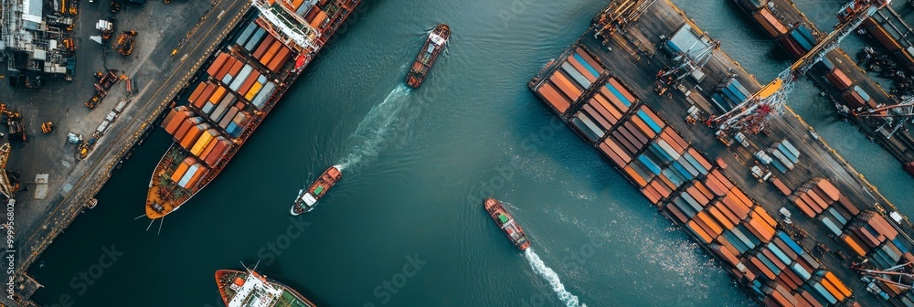 Poster aerial view of a busy port with container ships and various vessels navigating the waterway.