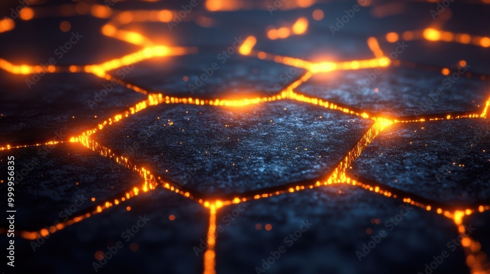 Poster abstract pattern of hexagon shaped tiles glowing with fiery orange light