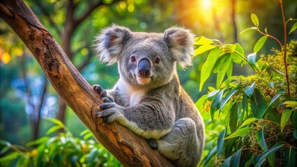Fototapeta premium Contented Koala Relaxing on a Tree Branch in a Sunny Australian Forest Surrounded by Green Foliage