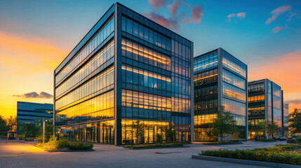 Obraz premium Modern high-tech office building with cutting-edge architecture and illuminated facades at dusk