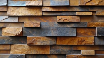 A close-up view of a stacked stone wall, featuring a mix of textured brown, tan, and grey stones, arranged in a staggered pattern, creating a visually appealing and unique design.