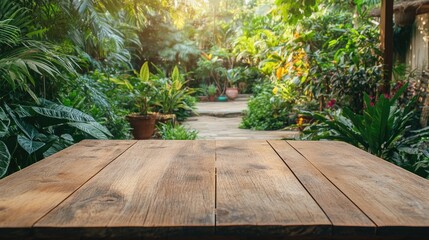 Empty wooden tabletop in a backyard garden with lush greenery, ideal for outdoor dining or casual gatherings