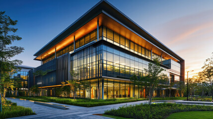Obraz premium Exterior of a modern tech hub with dynamic lighting and an environmentally friendly design