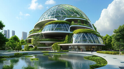 High-tech building with a glass dome and integrated green spaces, showcasing sustainable architecture