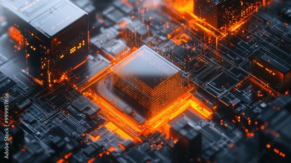 Poster a futuristic depiction of a microchip with glowing circuitry elements.
