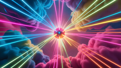Vibrant 3D render set against an abstract background of swirling clouds in shades of electric blue, fuchsia, and yellow, evoking a mesmerizing colorful spectrum. Radiant neon rays burst forth from the