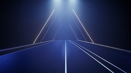 Futuristic road with glowing lights and triangle tunnel in dark blue background.