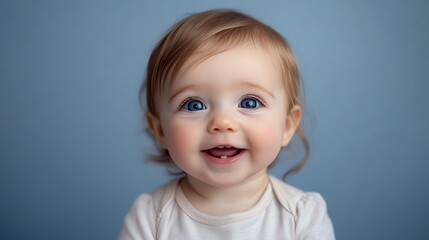 Naklejka premium A baby with big blue eyes smiles at the camera.