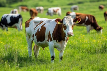 Cattle cow grazing on farmland. Grazing Cows in a Meadow with Grass. Cows Herd on a Grass Field. generative ai