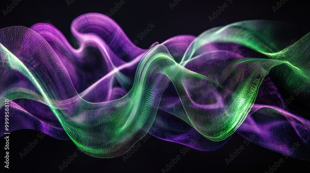 Aufkleber flowing violet and green digital ribbons, representing the dynamic nature of julia's impact on data 