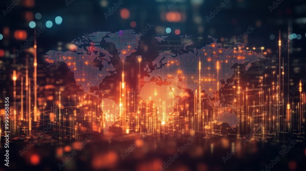 Poster a digital world map with glowing data points, representing global connectivity and technology.