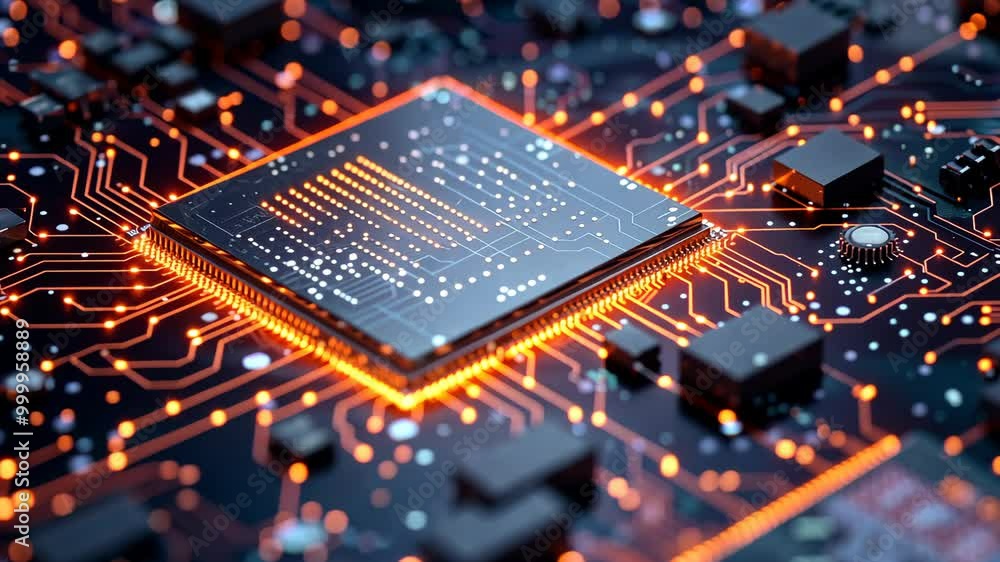 Poster a close-up view of a computer chip glowing with orange light, surrounded by intricate circuits