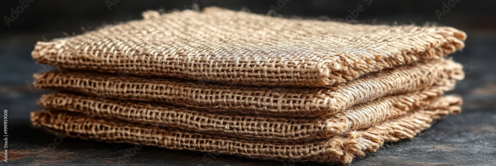Aufkleber a stack of rough-textured burlap fabric squares with frayed edges, showcasing the natural beauty of 