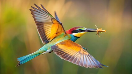 High angle view of European bee eater flying with dragonfly