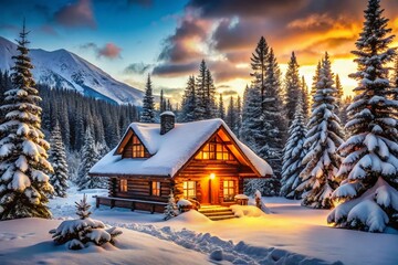 Fototapeta premium Cozy log cabin nestled in a snowy landscape surrounded by evergreen trees in winter wonderland setting