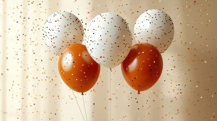 A cluster of festive balloons, adorned with confetti, floats gracefully against a soft, beige backdrop, celebrating an occasion filled with joy and merriment.