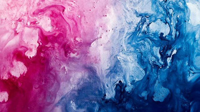 A close-up view of pink and blue paint swirling together, creating a captivating abstract pattern