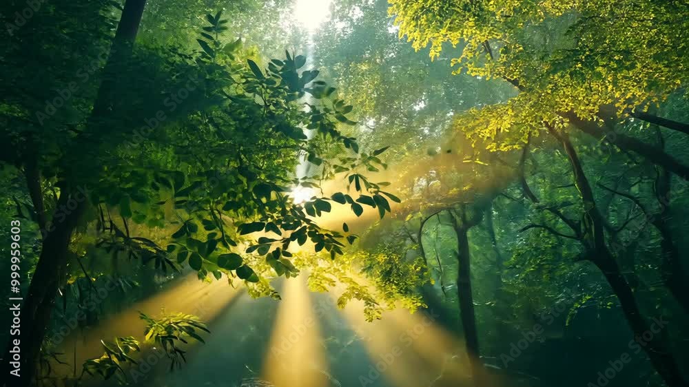 Poster sunlight streams through the trees in a dense forest, illuminating the green foliage