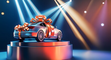 A stunning luxury car, adorned with a large red bow, takes center stage under dramatic lighting. 