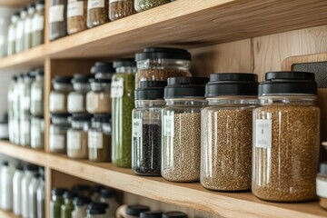 A modern pantry filled with organic functional food ingredients such as quinoa, hemp seeds, and matcha, stored in eco-friendly containers, with a focus on enhancing daily nutrition