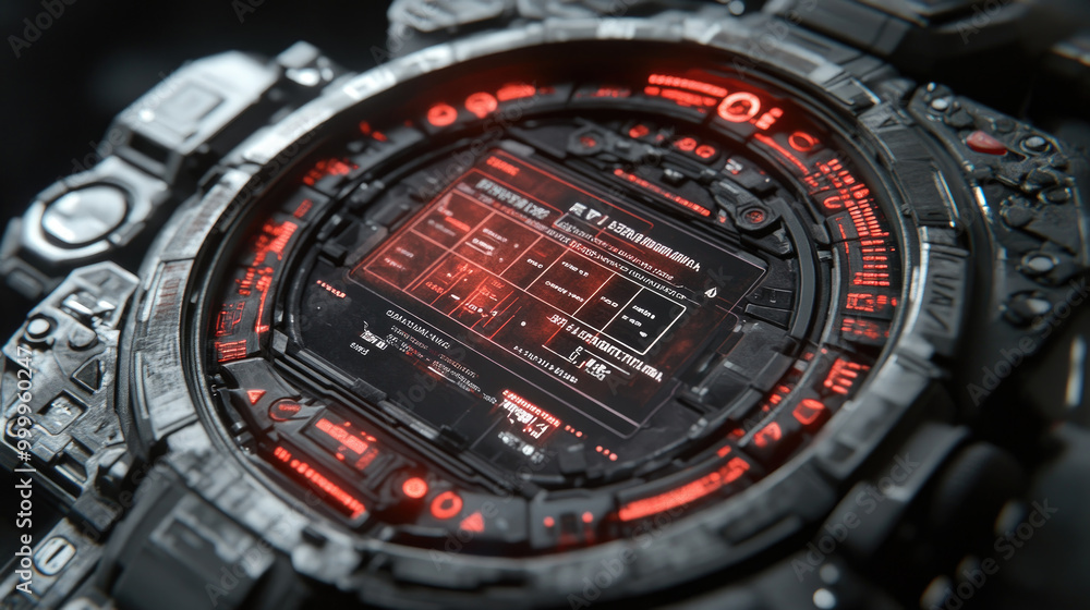 Poster a high-tech wrist device shows an advanced interface featuring glowing red graphics and intricate de